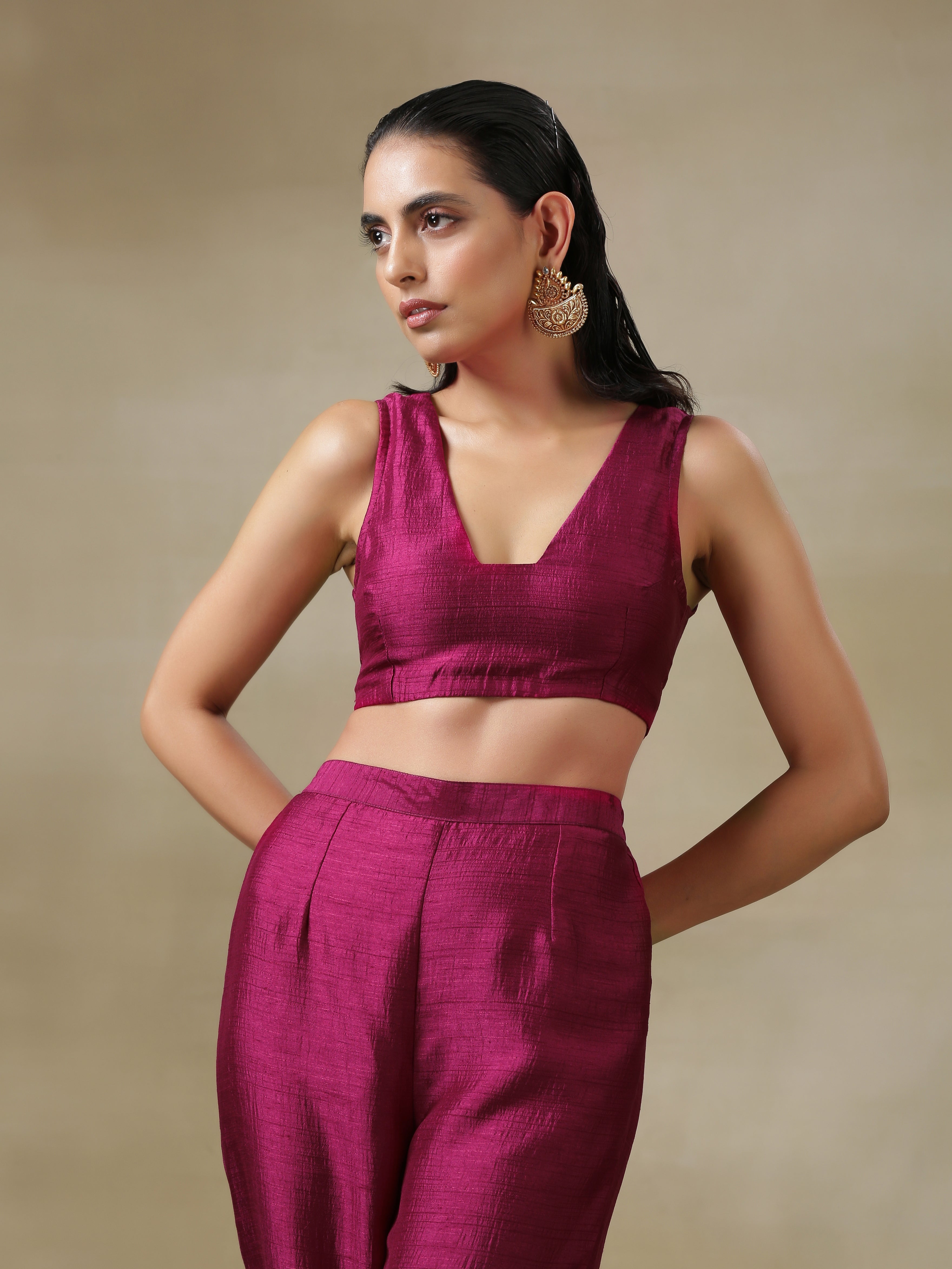 trueBrowns Purple Textured Silk Overlay Jacket Blouse Pant Set | Relove