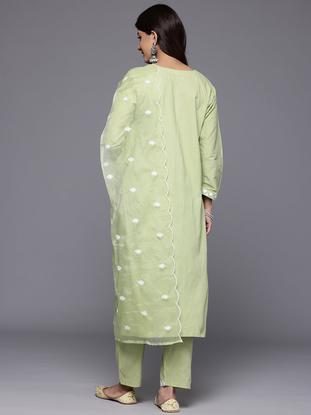 Varanga Women Sea Green Round Neck Heavy Thread Embroidered Kurta With Bottom & Dupatta - Distacart