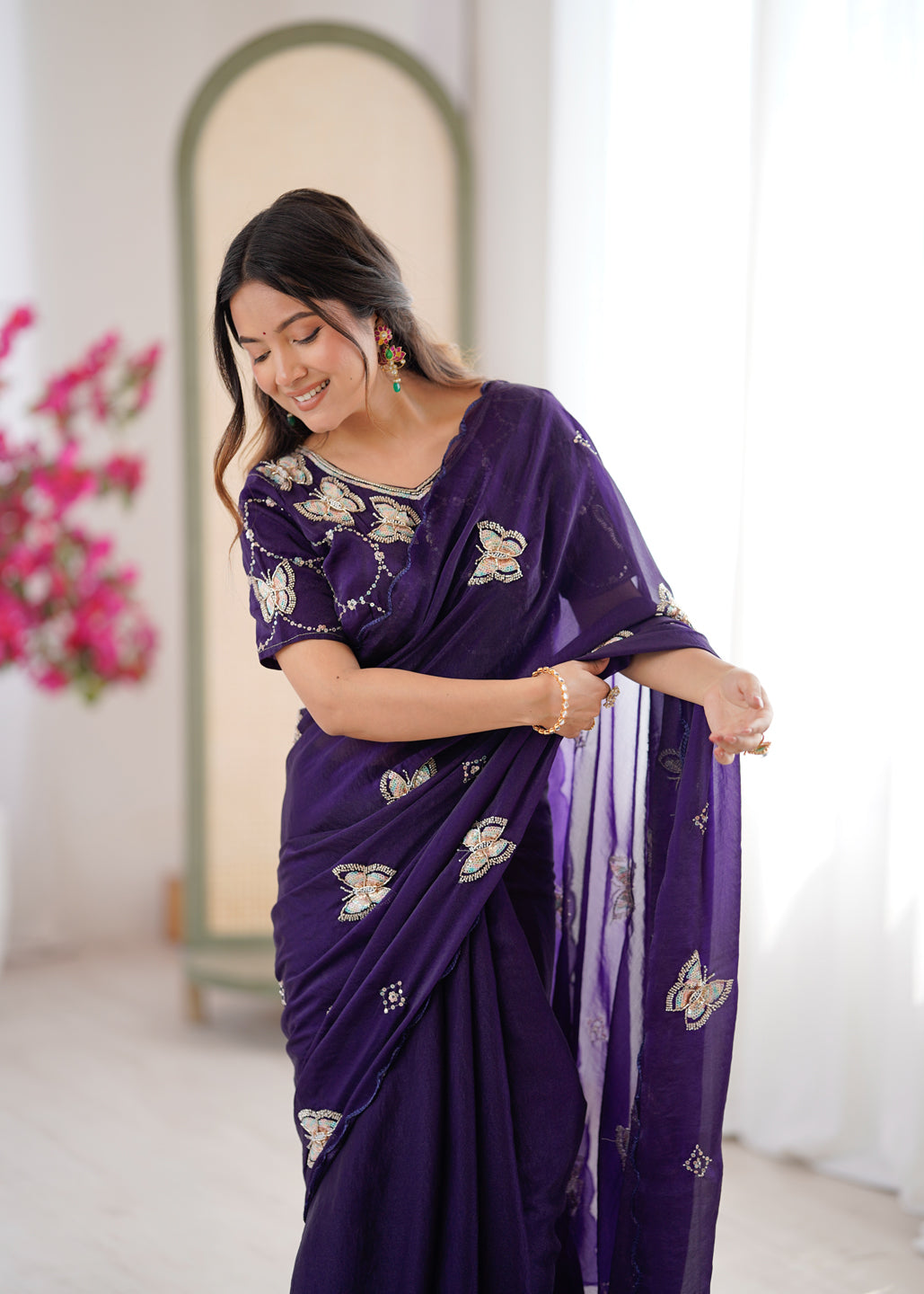 Evanik Purple Mos Silk With Handwork Butterfly Design Saree With Unstitched Blouse