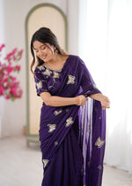 Thumbnail for Evanik Purple Mos Silk With Handwork Butterfly Design Saree With Unstitched Blouse