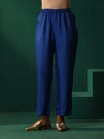 Thumbnail for trueBrowns Royal Blue Floral Viscose Silk Angrakha Kurta Pant Set - Distacart