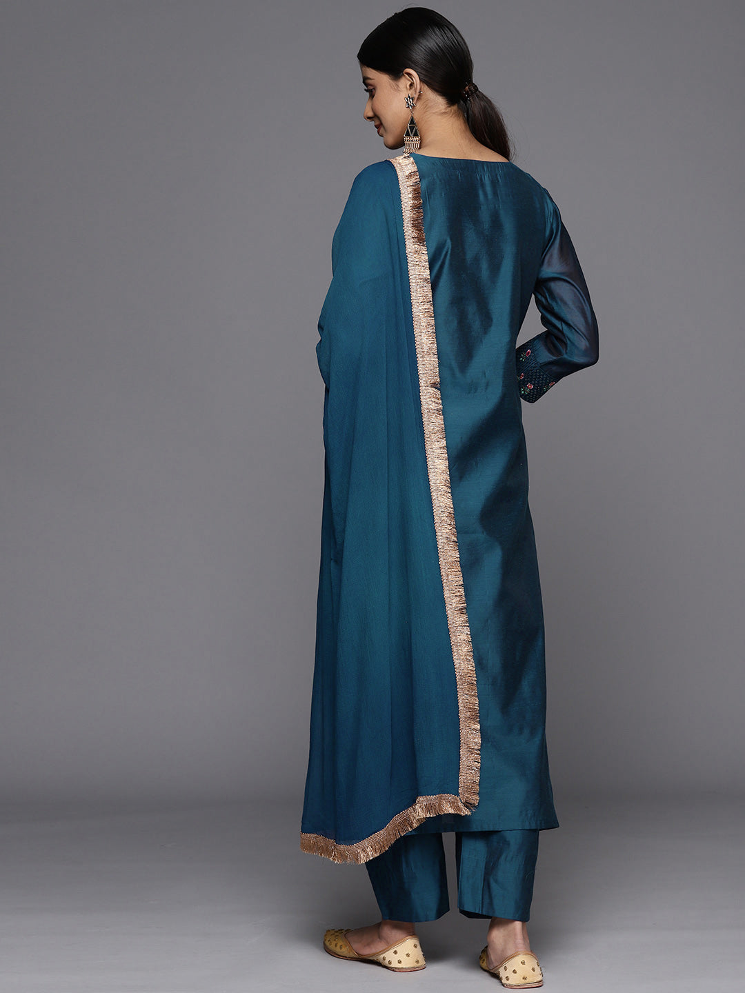 Varanga Women Teal Embroidered Straight Kurta Paired With Tonal Bottom And Dupatta With Four Side Fringes - Distacart