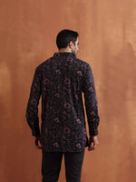 Thumbnail for trueBrowns Men's Black Floral Printed Short Kurta