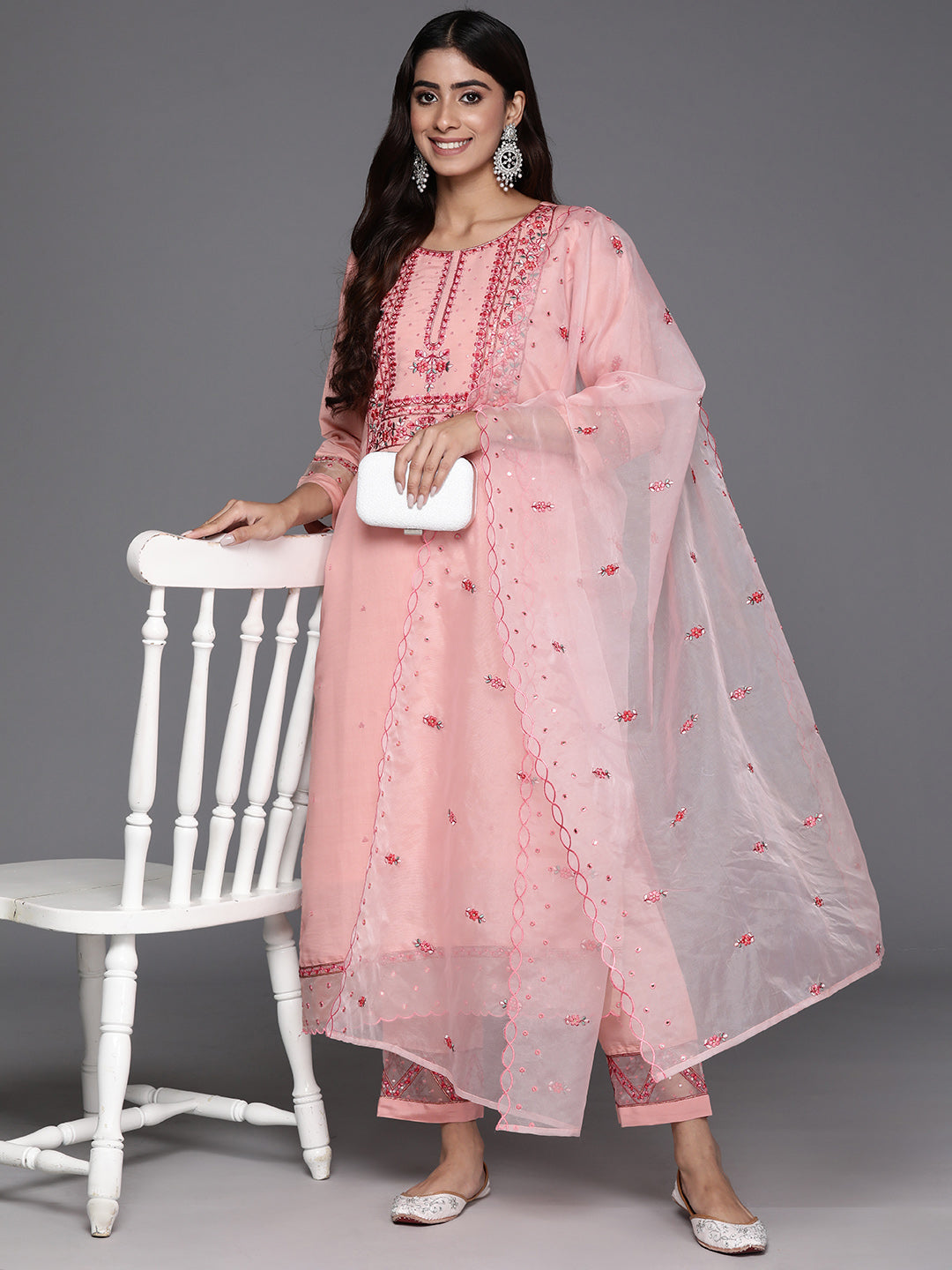 Varanga Women Peach Embroidered Straight Kurta Paired With Tonal Bottom And Organza Embroidered Dupatta - Distacart