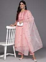 Thumbnail for Varanga Women Peach Embroidered Straight Kurta Paired With Tonal Bottom And Organza Embroidered Dupatta - Distacart