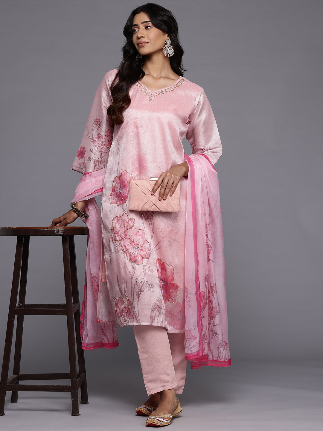 Varanga Women Pink Silk Floral Printed Beads And Stones Embellished Kurta Set With Dupatta - Distacart
