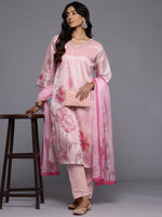 Thumbnail for Varanga Women Pink Silk Floral Printed Beads And Stones Embellished Kurta Set With Dupatta - Distacart