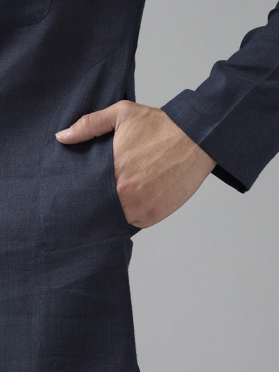 Fabmade Men Navy Blue Cotton Linen Kurta - Distacart