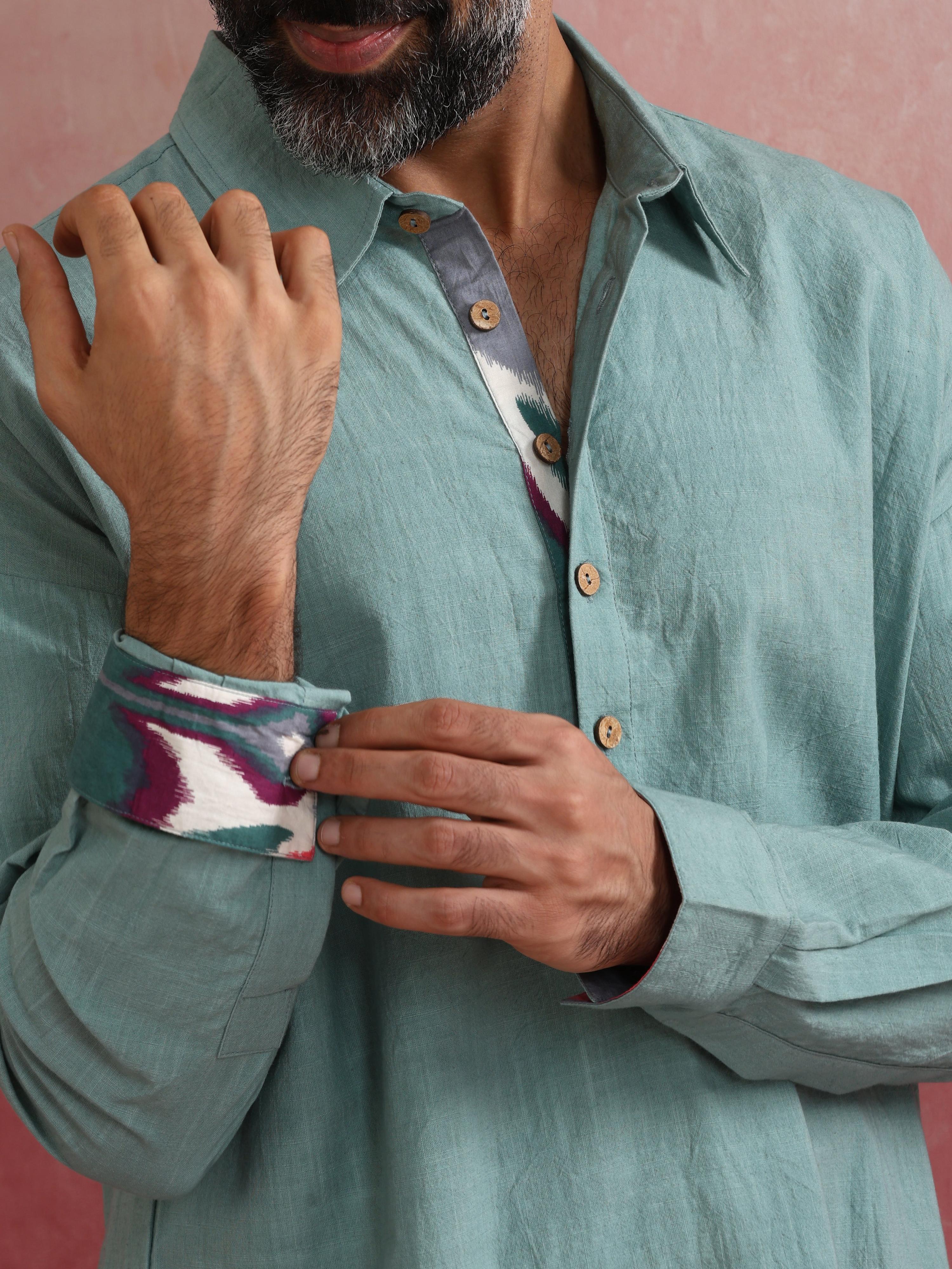 trueBrowns Men's Aqua Blue Cotton Shirt Collar Stylized Kurta - Distacart