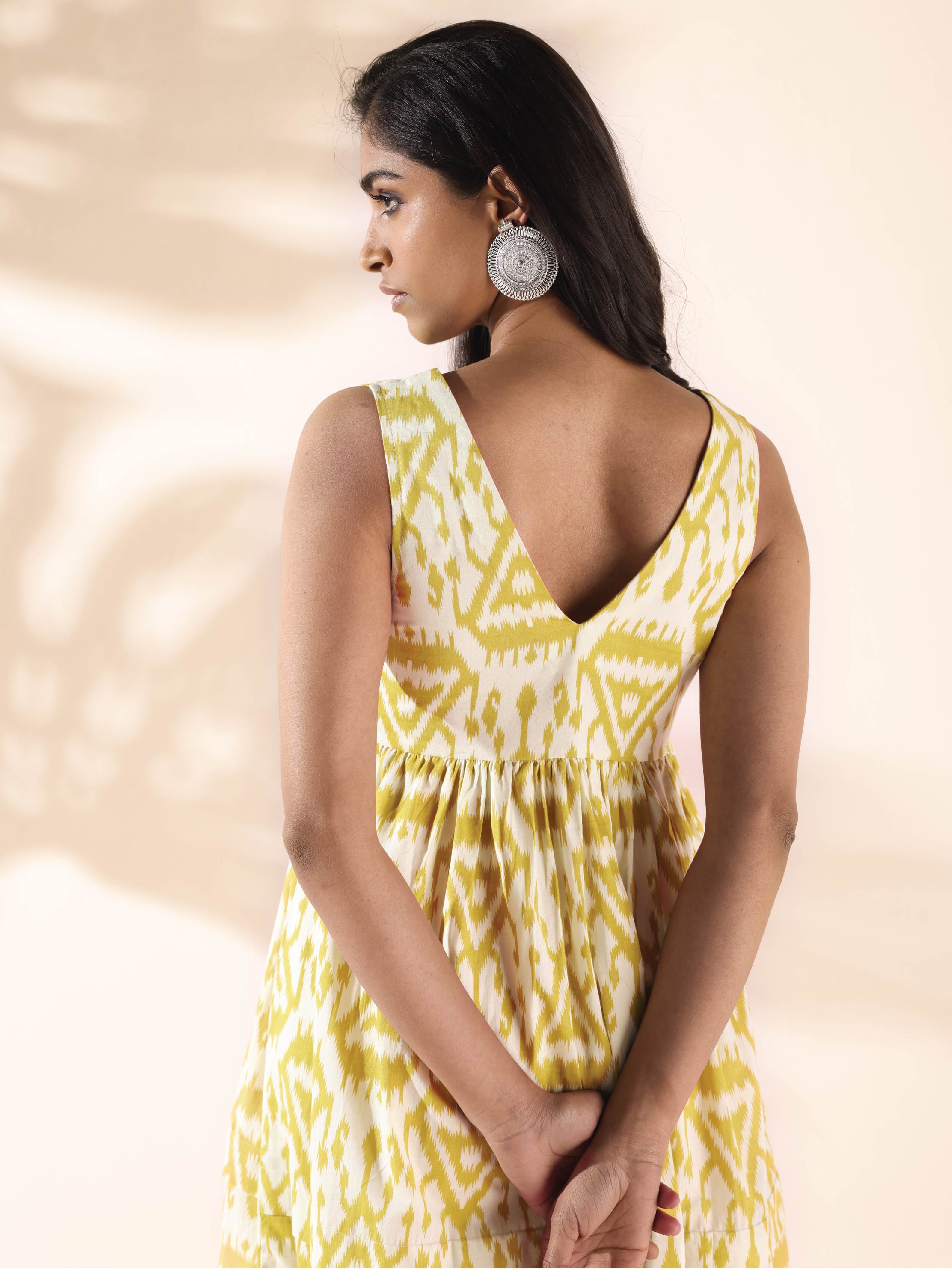 trueBrowns Lime Cotton Ikat Sleeveless Flared Dress - Distacart