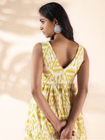 Thumbnail for trueBrowns Lime Cotton Ikat Sleeveless Flared Dress - Distacart
