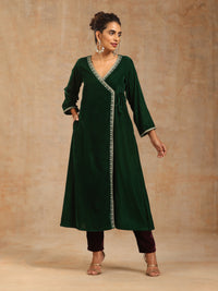 Thumbnail for trueBrowns Green Velvet Embroidered Angrakha Kurta - Distacart