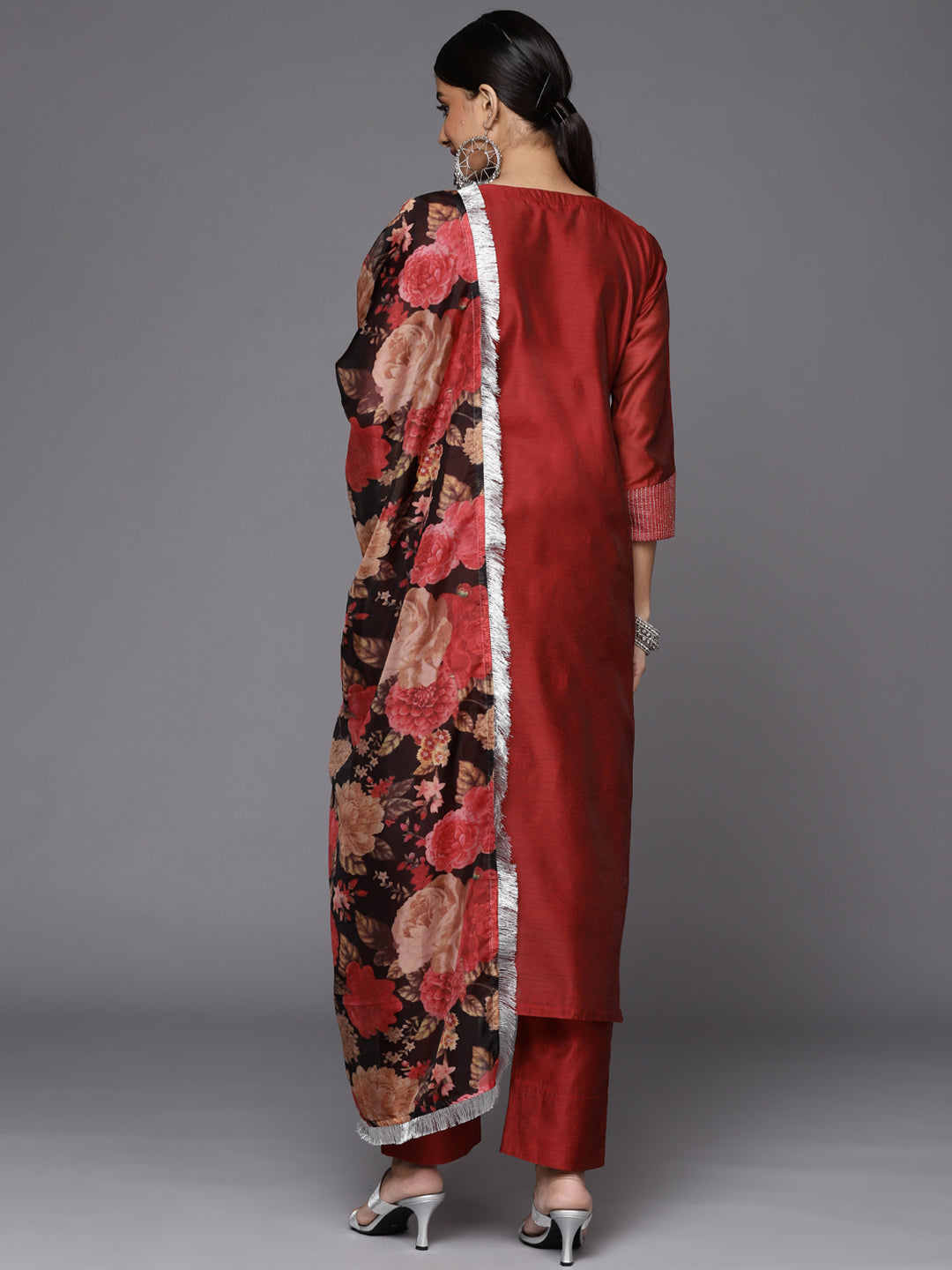 Varanga Red Embroidered Kurta With Tonal Trouser And Printed Dupattta - Distacart