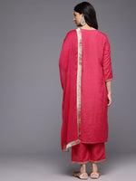 Thumbnail for Varanga Women Fuchsia Thread And Zari Embroidered Sequins Embellished Kurta Set With Dupatta - Distacart