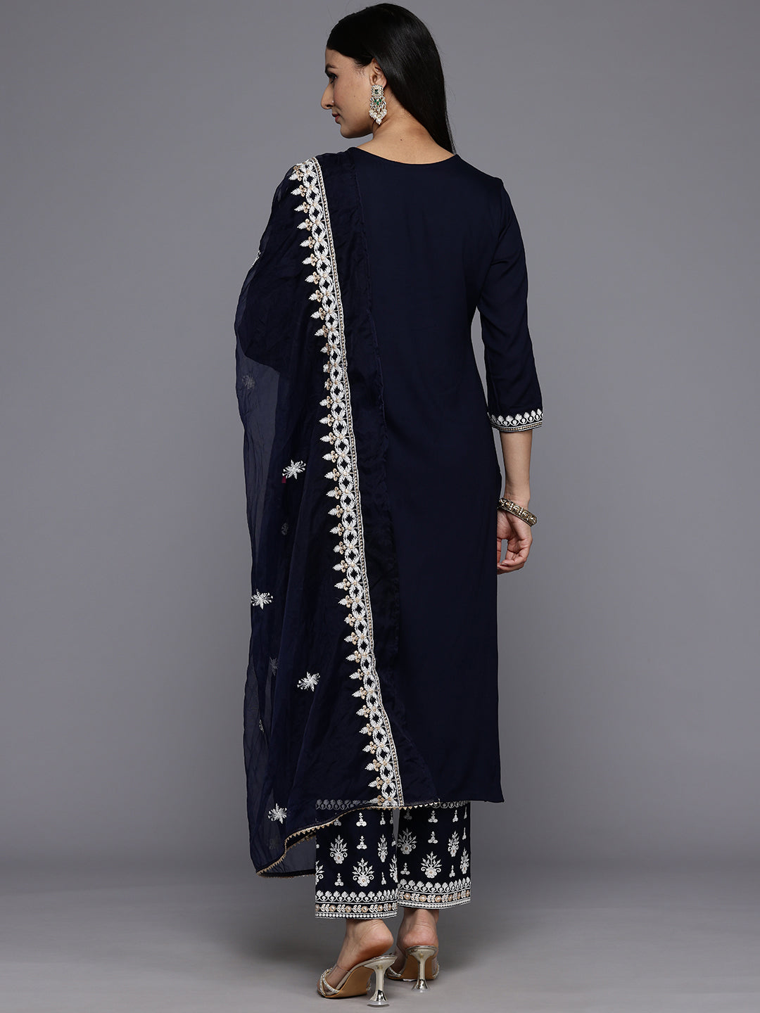 Varanga Women Navy Blue Round Neck Thread Embroidered Kurta Paired With Bottom And Dupatta - Distacart