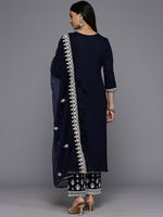 Thumbnail for Varanga Women Navy Blue Round Neck Thread Embroidered Kurta Paired With Bottom And Dupatta - Distacart