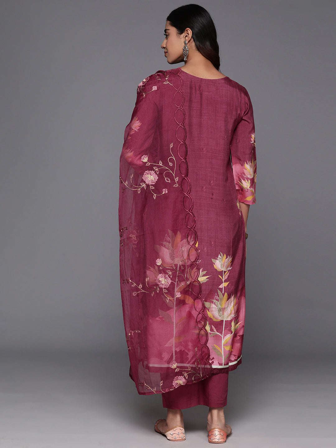 Varanga Women Pure Muslin Maroon Floral Printed Kurta Paired With Tonal Bottom And Organza Dupatta - Distacart
