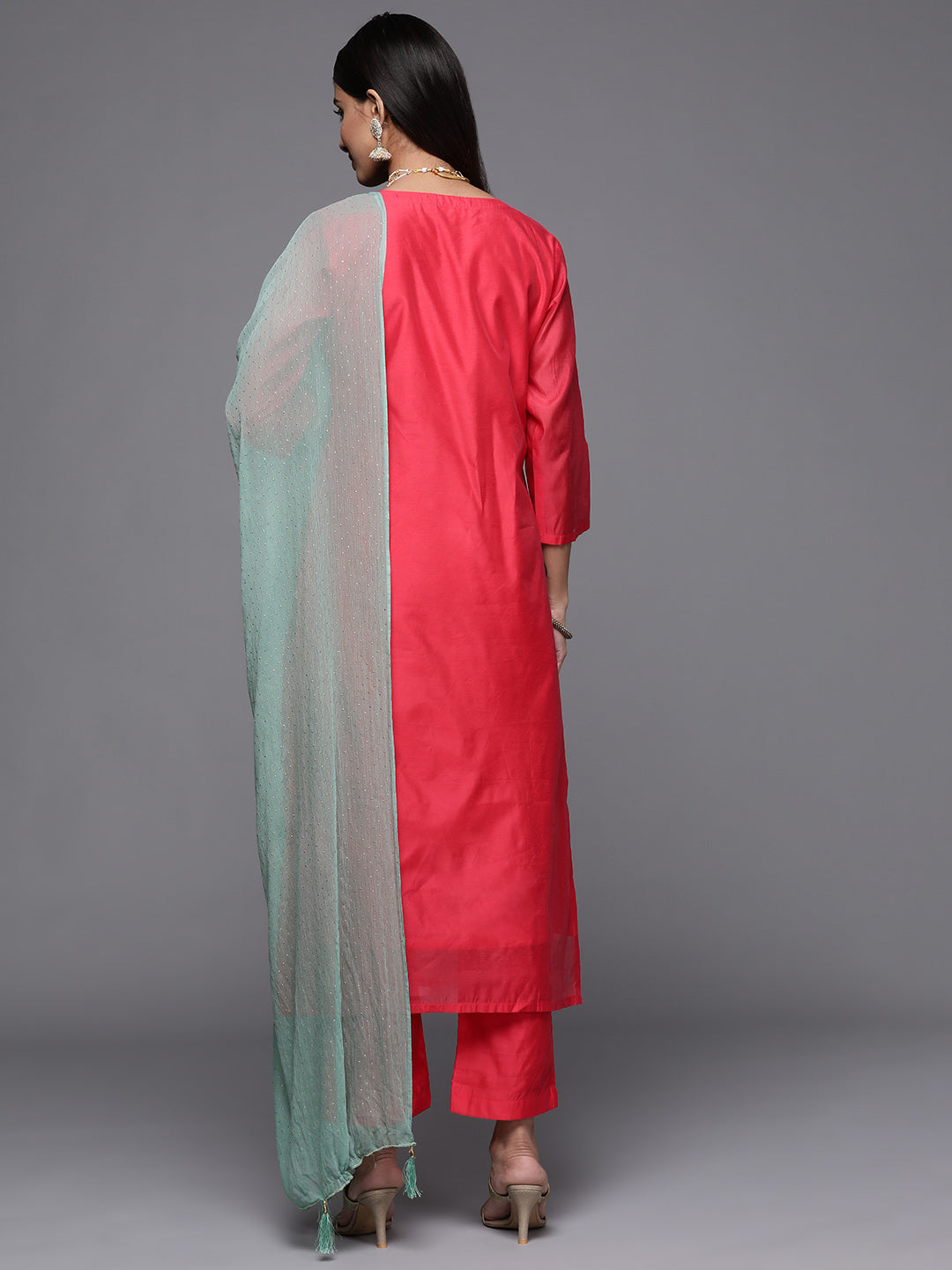 Varanga Pink Embroidered Kurta Paired With Straight Tonal Bottom And Contrast Dupatta - Distacart