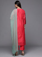 Thumbnail for Varanga Pink Embroidered Kurta Paired With Straight Tonal Bottom And Contrast Dupatta - Distacart