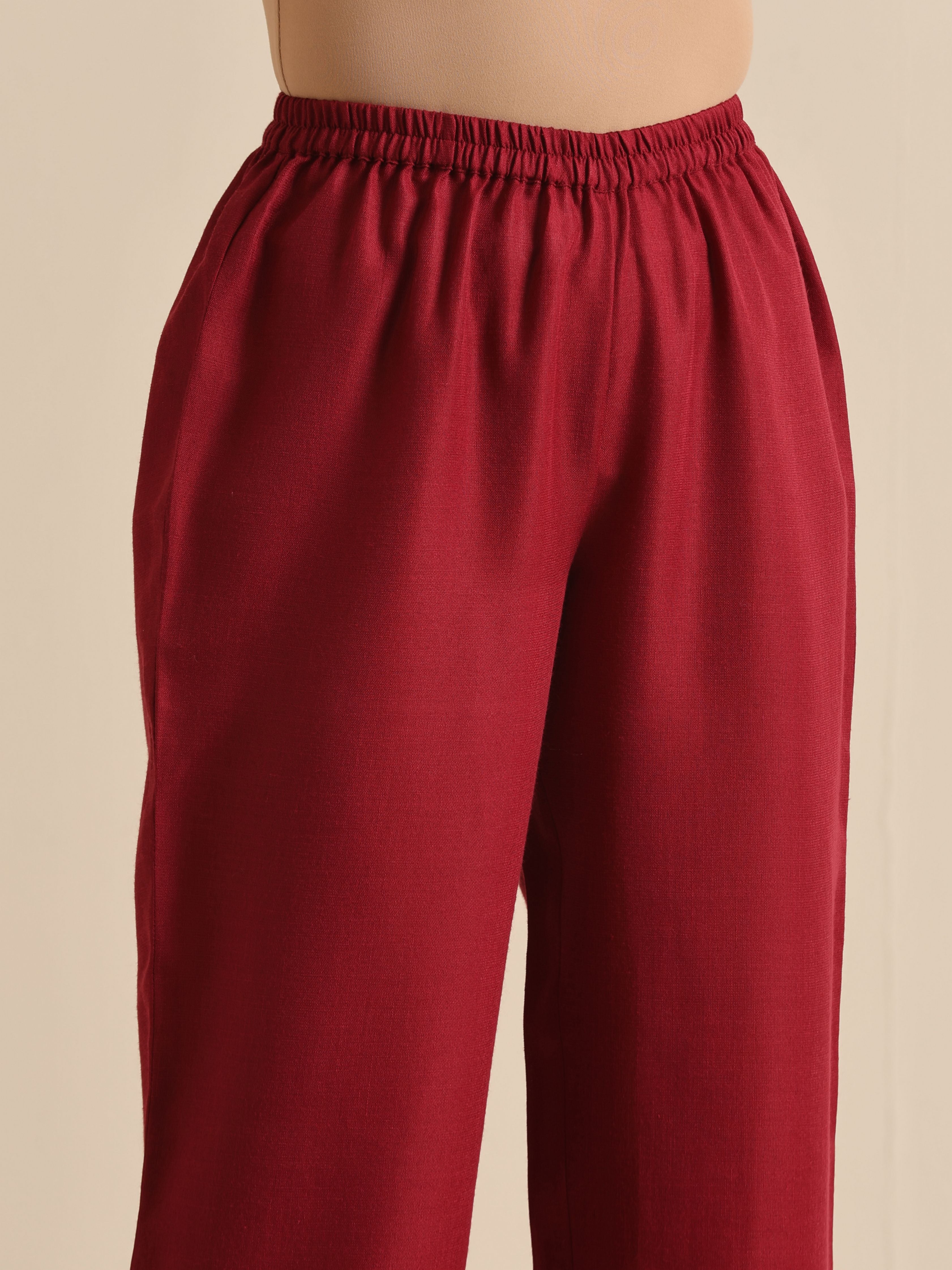 trueBrowns Maroon Slub Gathered Kurta Pant Set - Distacart