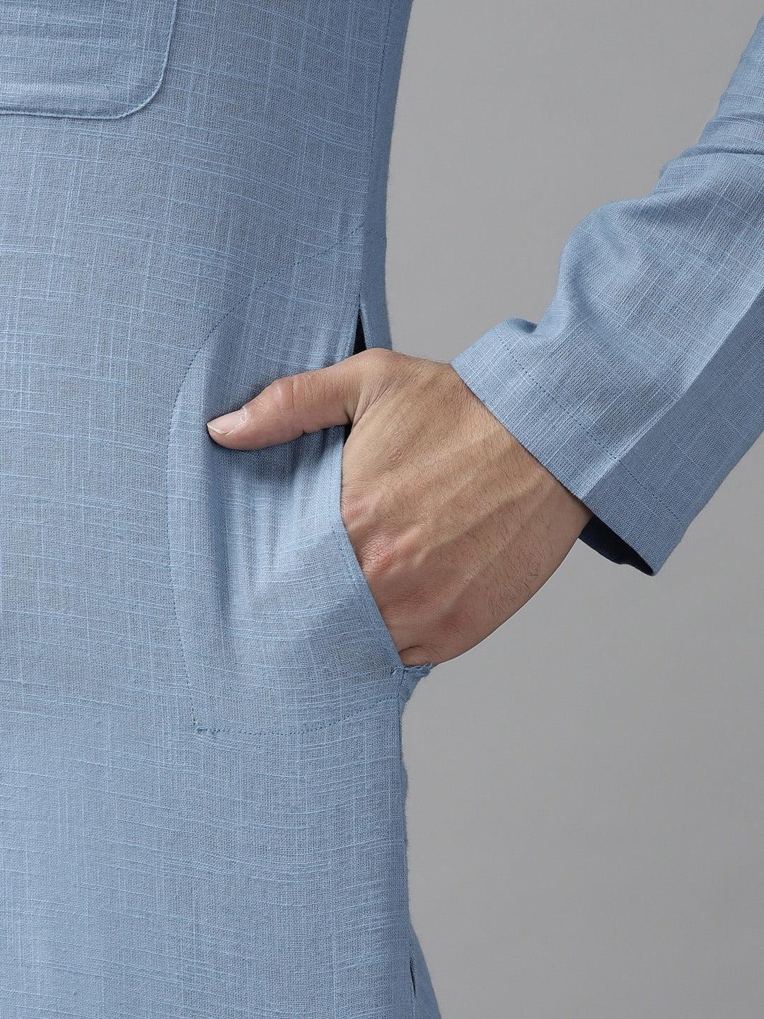 Fabmade Men Blue Cotton Linen Kurta Pyjama