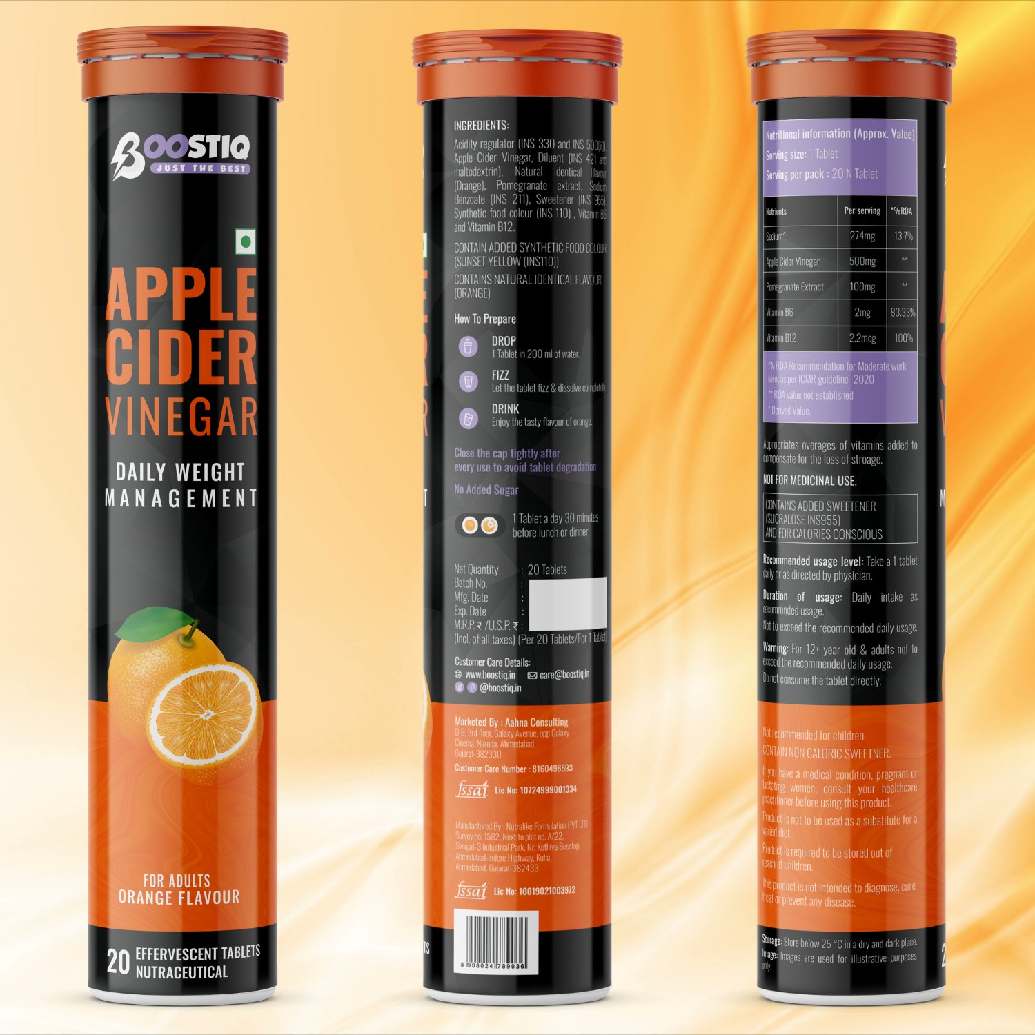 BOOSTIQ Apple Cider Vinegar Effervescent Tablets - Orange Flavour - Distacart