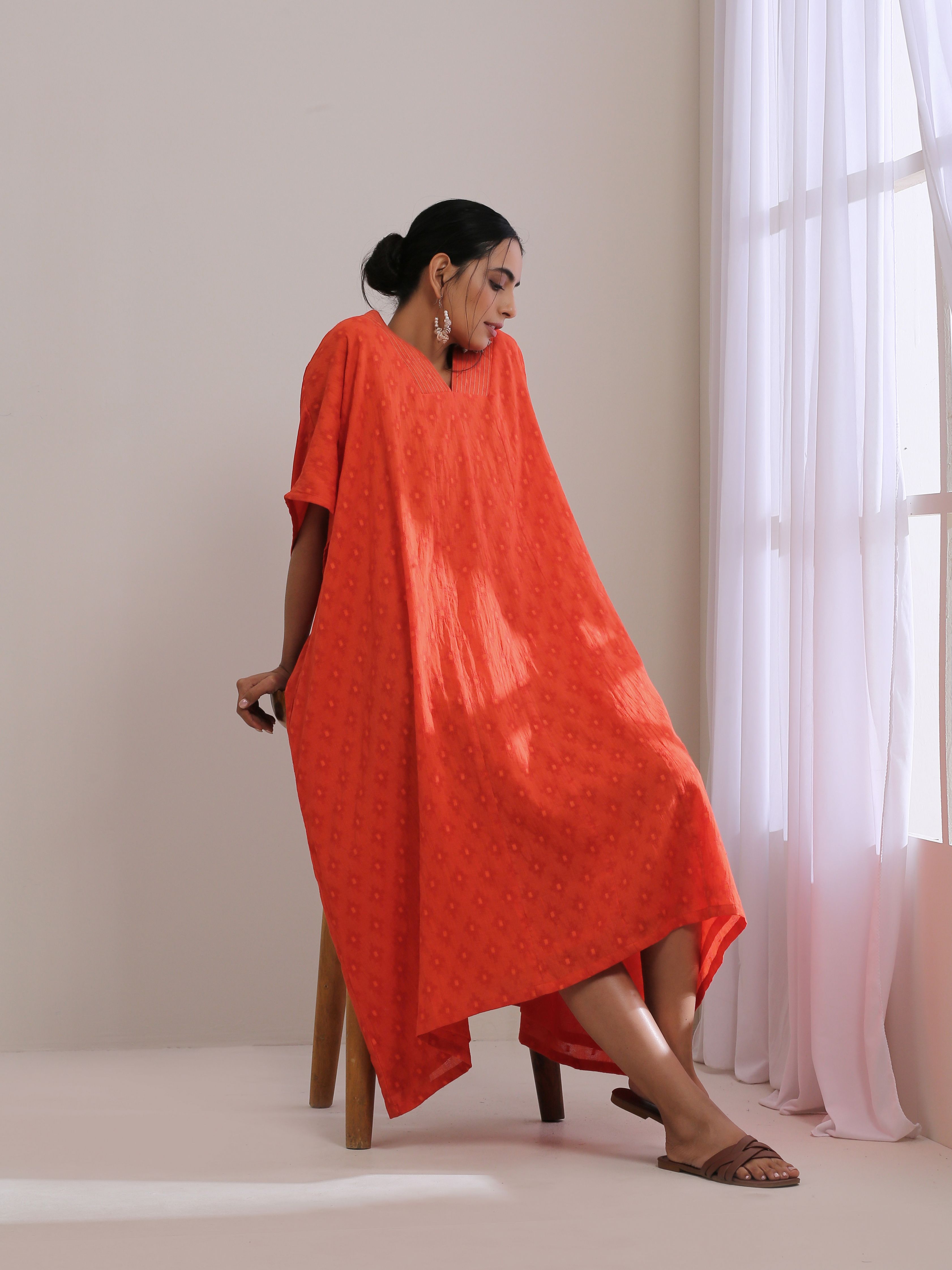 trueBrowns Orange Dobby Panel Kaftan Dress - Distacart