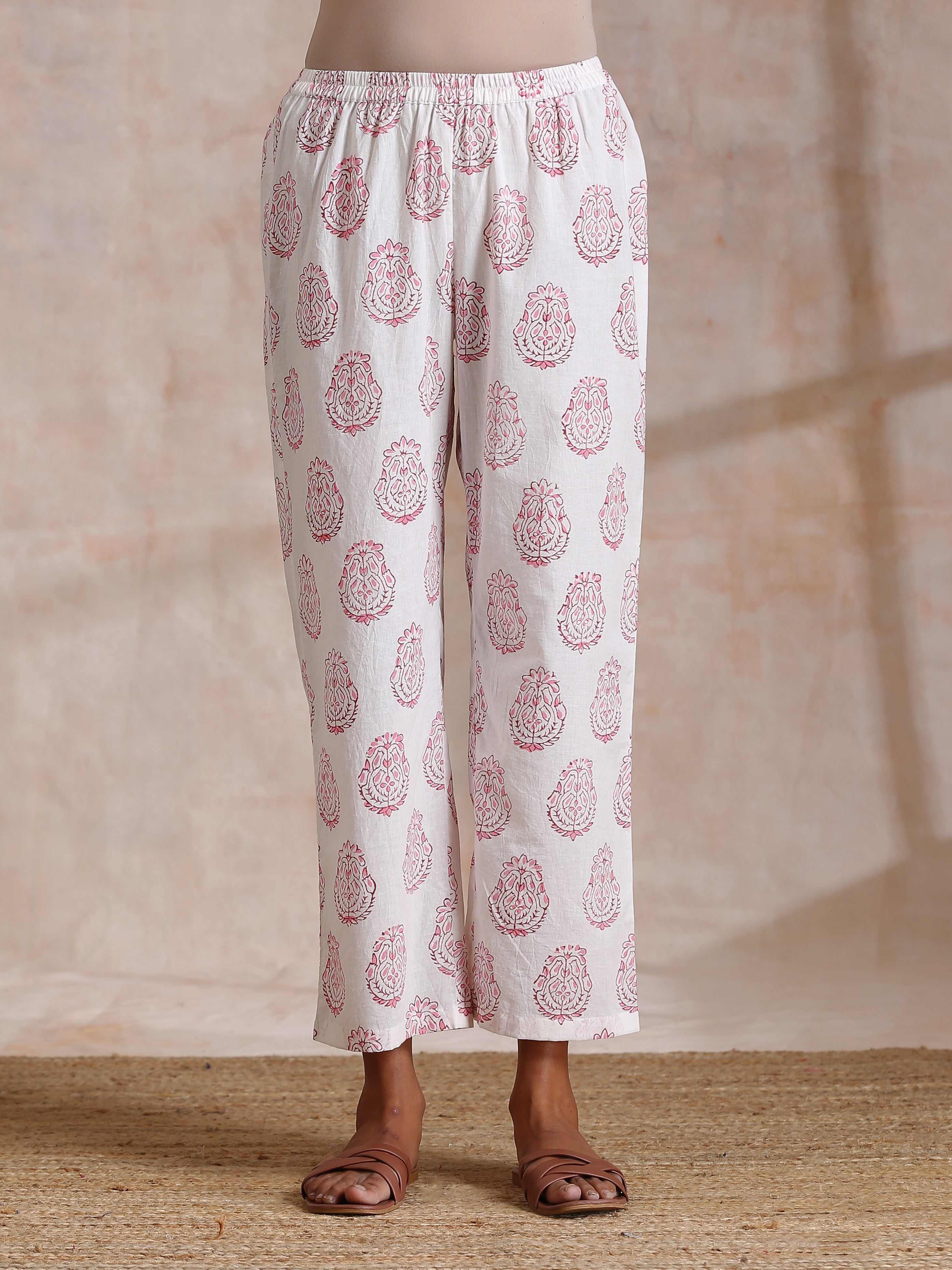 trueBrowns Pink Big Buta On White Print Cotton Panel Kaftan Kurta Pant Set - Distacart