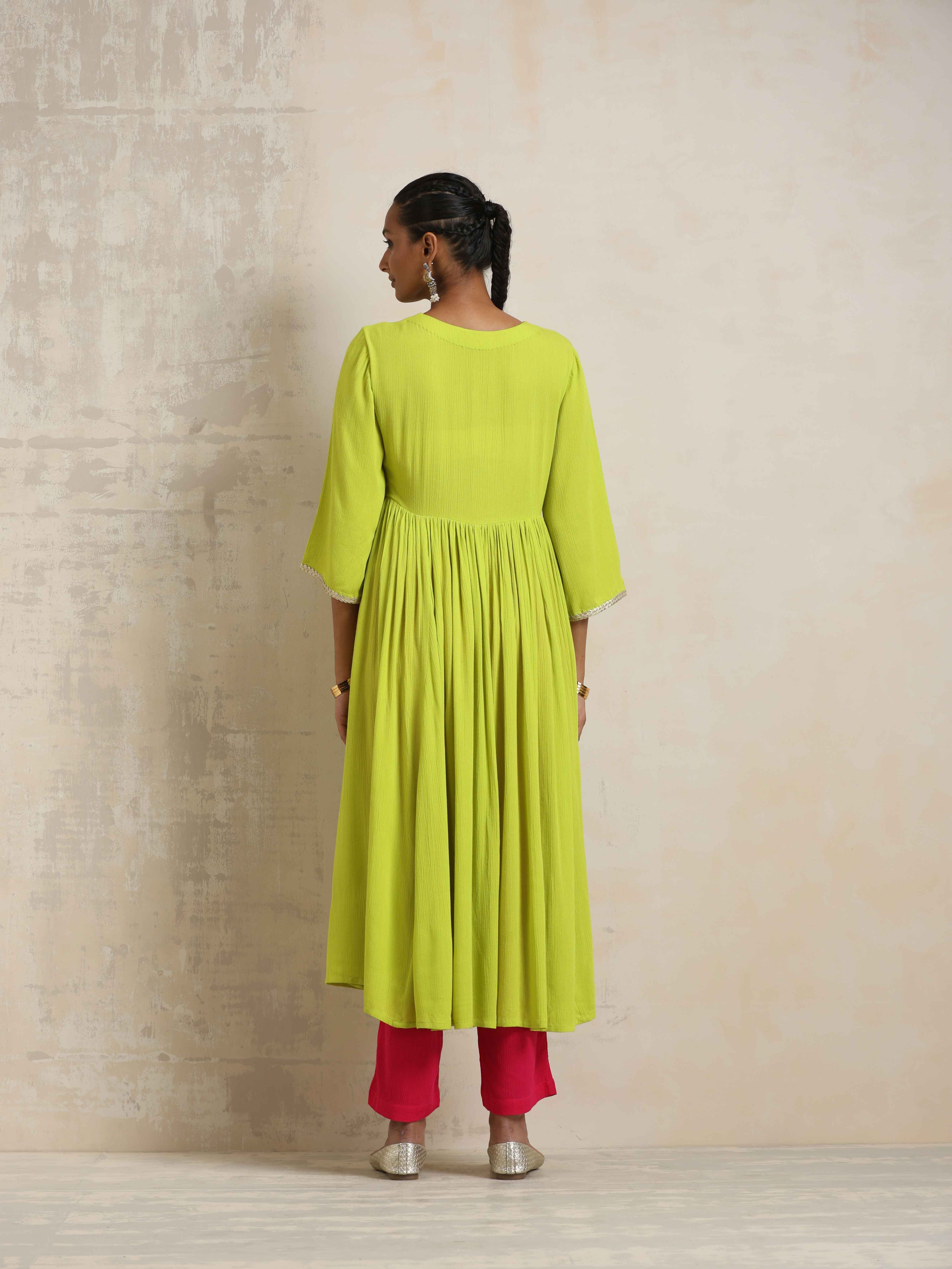 trueBrowns Lime Crinkle Anarkali Flared Kurta Set - Distacart