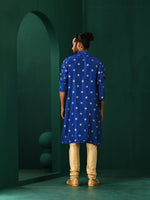 Thumbnail for trueBrowns Men's Royal Blue Geometric Floral Viscose Silk Long Kurta - Distacart