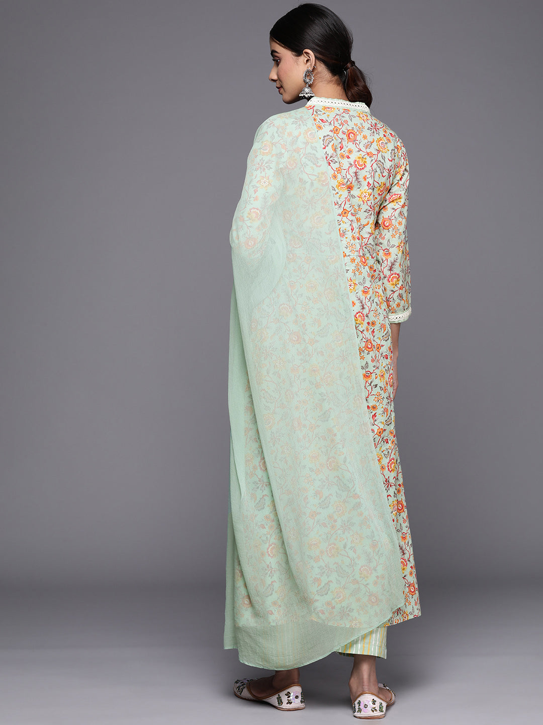 Varanga Women Sea Green Floral Printed A-Line Kurta With Three Quarter Sleeves Paired With Printed Bottom And Solid Chiffon Dupatta - Distacart