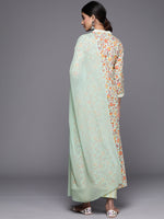 Thumbnail for Varanga Women Sea Green Floral Printed A-Line Kurta With Three Quarter Sleeves Paired With Printed Bottom And Solid Chiffon Dupatta - Distacart