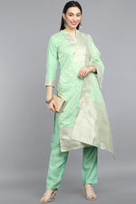 Thumbnail for Ahika Lime Green Poly Chanderi Straight Kurta Pant With Dupatta