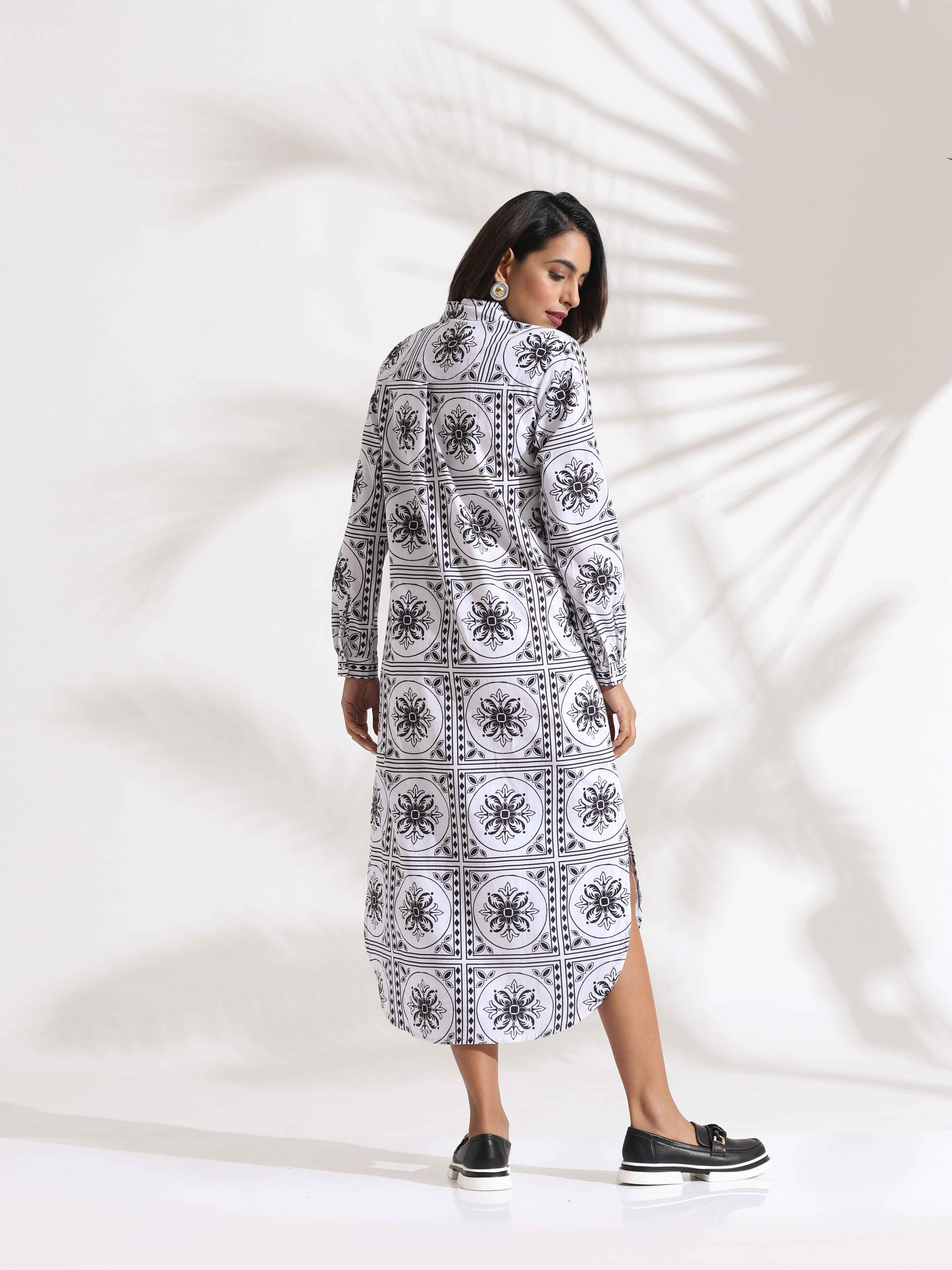 trueBrowns White Cotton Print Shirt Dress
