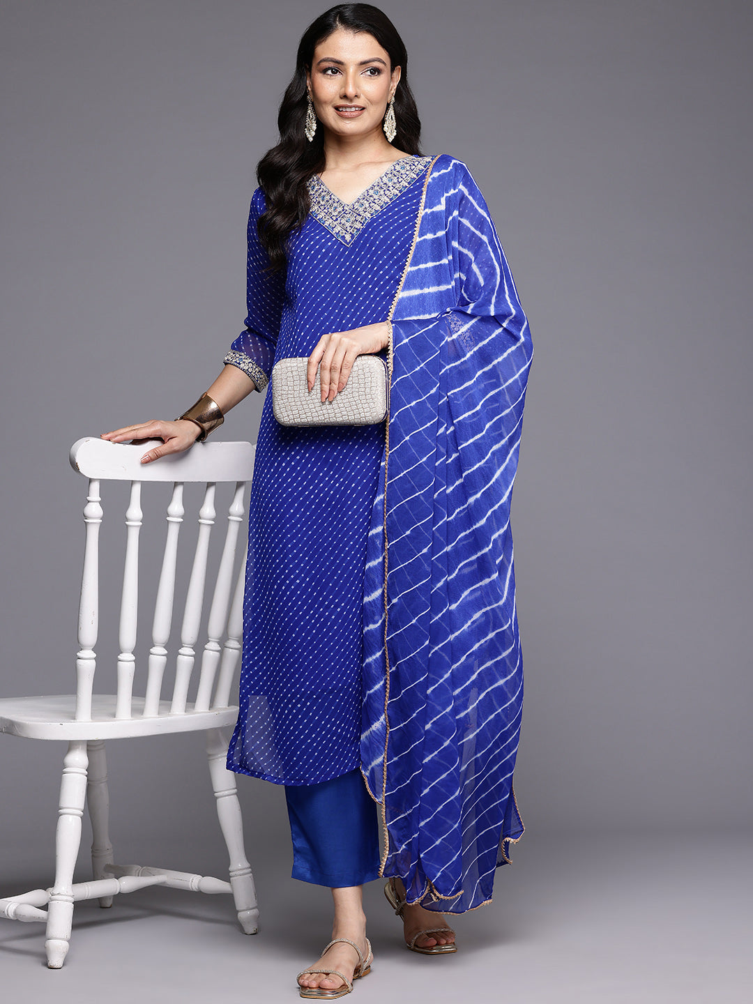 Varanga Women Navy Blue Bandhani Zari And Sequins Emboridered Kurta Set With Dupatta - Distacart