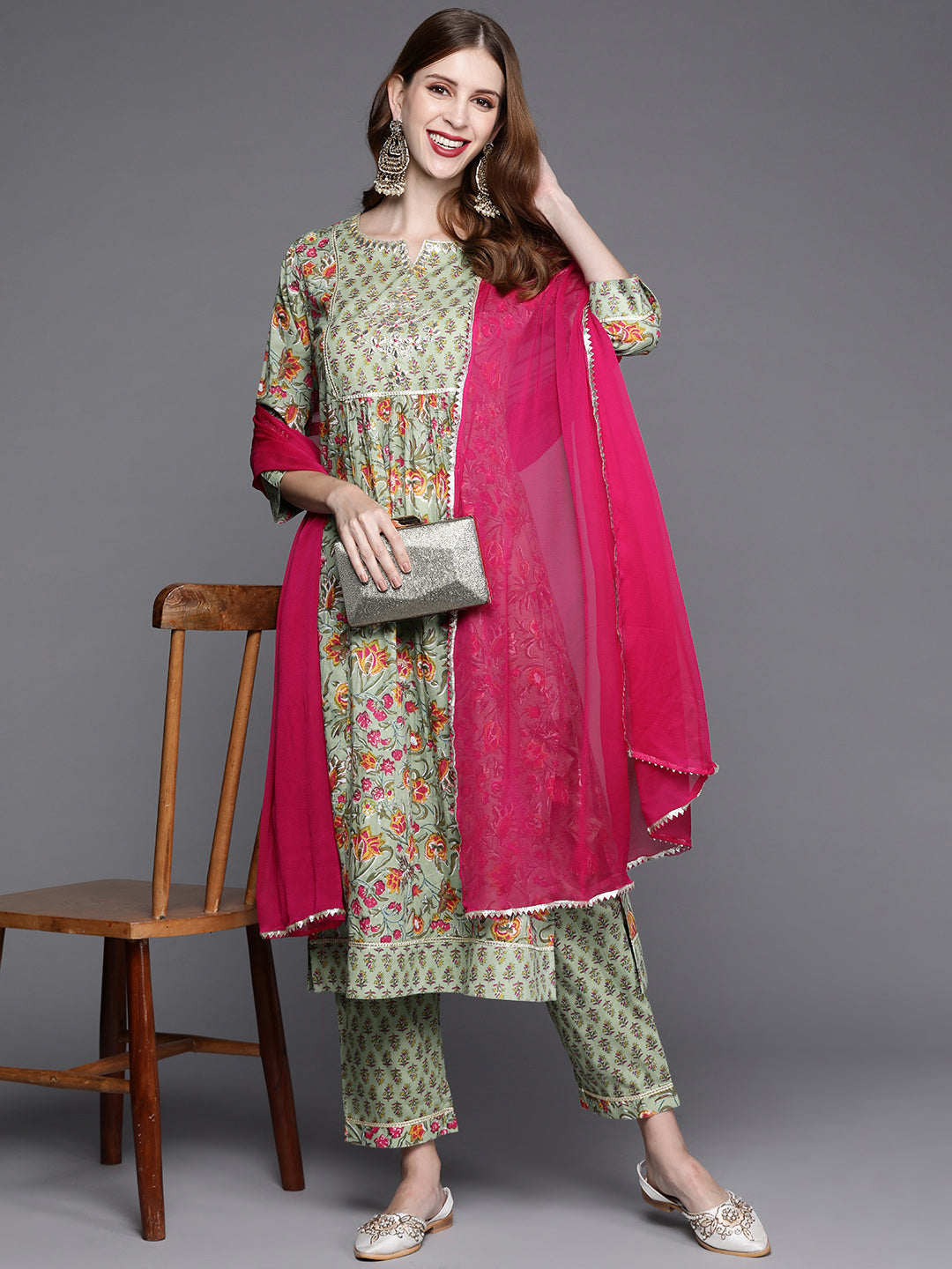 Varanga Floral Printed Embroidered Kurta With Straight Pant And Chiffon Dupatta - Distacart