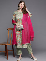 Thumbnail for Varanga Floral Printed Embroidered Kurta With Straight Pant And Chiffon Dupatta - Distacart