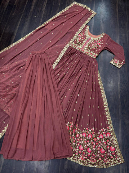 Anaita D Peach Georgette Readymade Suit with Embroidery & Sequence Work - Dista