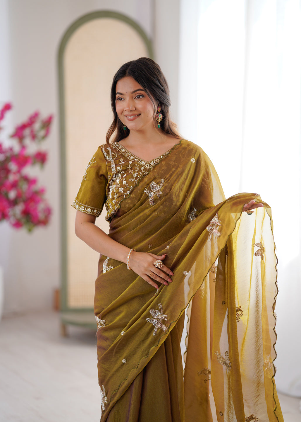 Evanik Mehendi Mos Silk With Handwork Butterfly Design Saree With Unstitched Blouse
