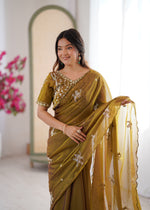 Thumbnail for Evanik Mehendi Mos Silk With Handwork Butterfly Design Saree With Unstitched Blouse