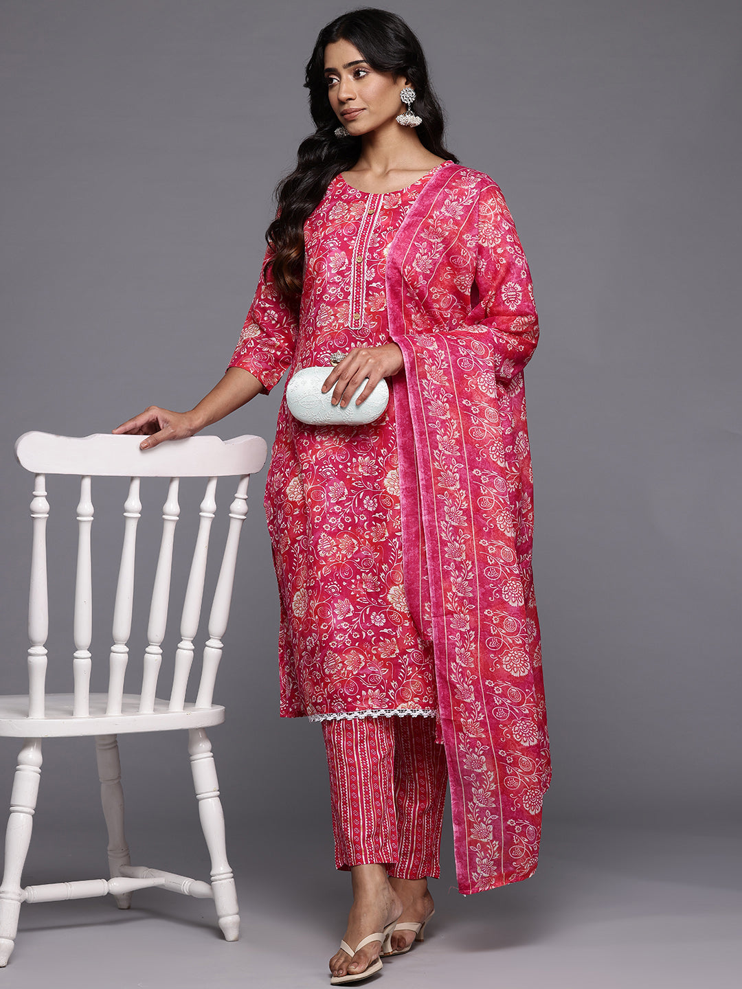 Varanga Women Floral Jaipuri Printed Lace Detaled Kurta Set With Dupatta - Distacart