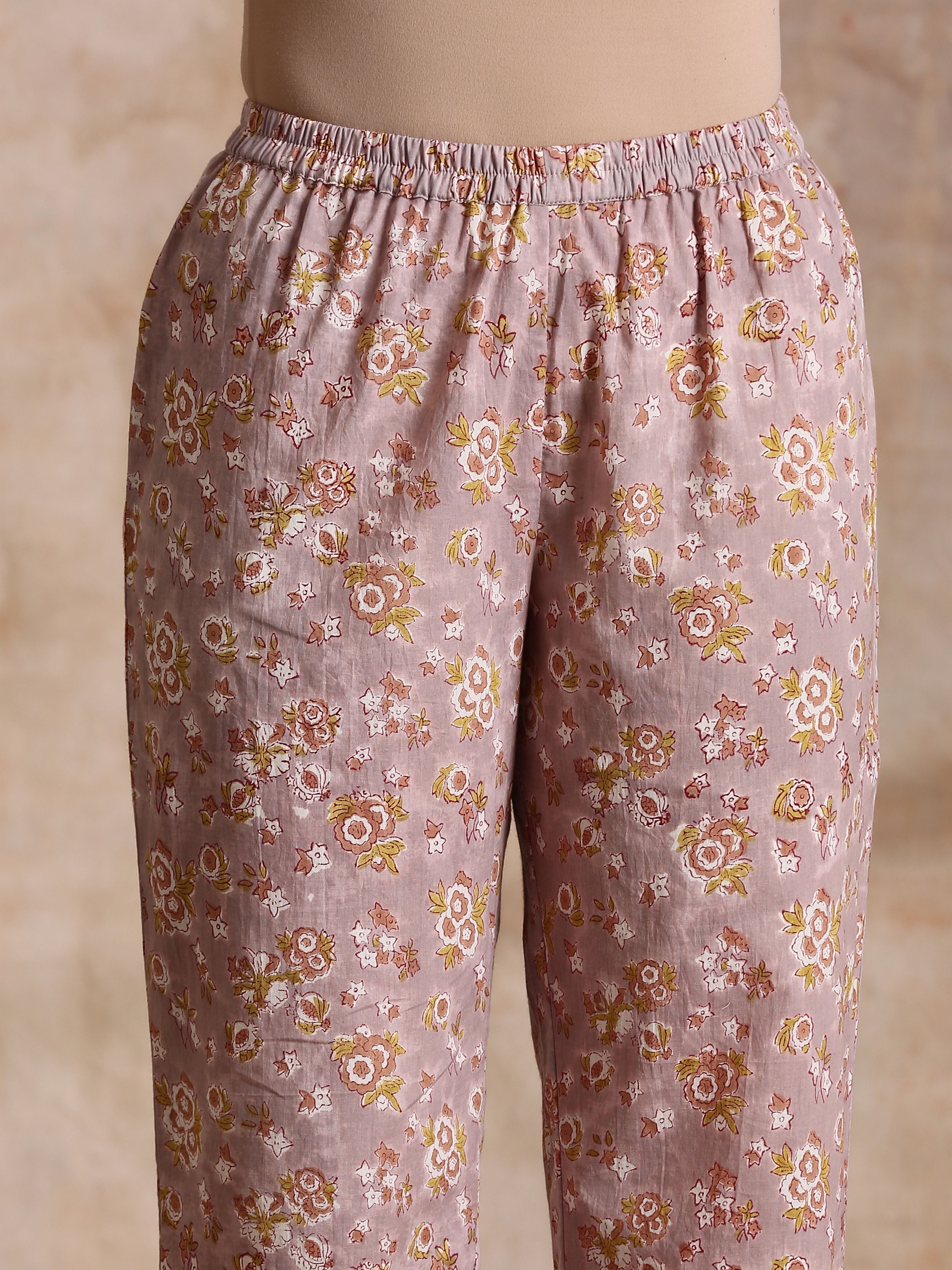trueBrowns Grey Overall Floral Block Print Cotton Flared Slit Kurta Pant Set | Relove