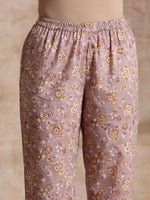 Thumbnail for trueBrowns Grey Overall Floral Block Print Cotton Flared Slit Kurta Pant Set | Relove