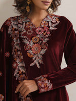 Thumbnail for trueBrowns Maroon Velvet Floral Embroidered Kurta Pant Dupatta Set