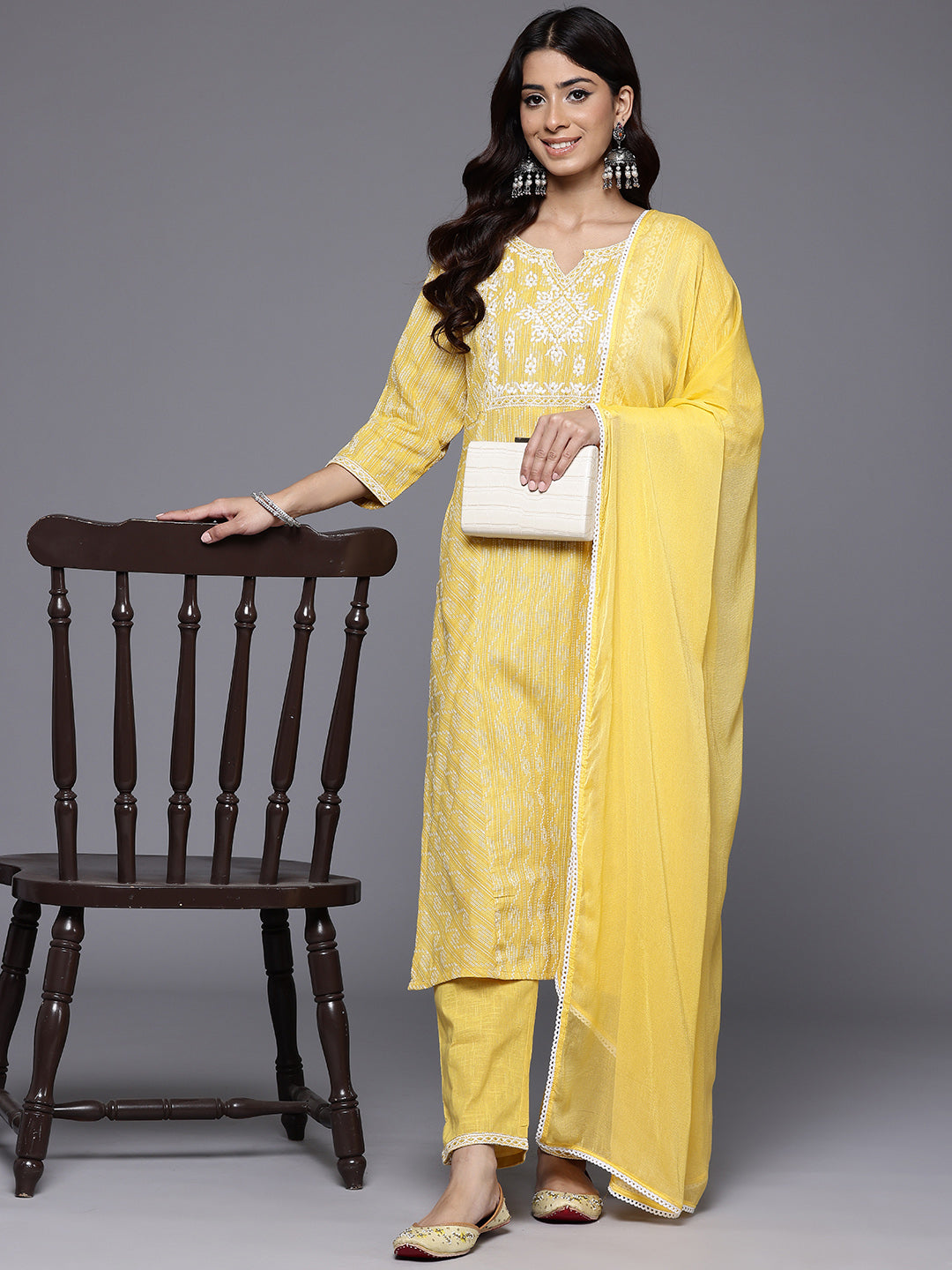 Varanga Women Mustard Woven Design Round Neck, Three Quarter Sleeves Paired With Tonal Bottom And Dupatta - Distacart