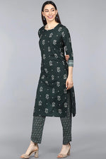 Thumbnail for Ahika Dark Green Poly Crepe Floral Printed Straight Suit Set