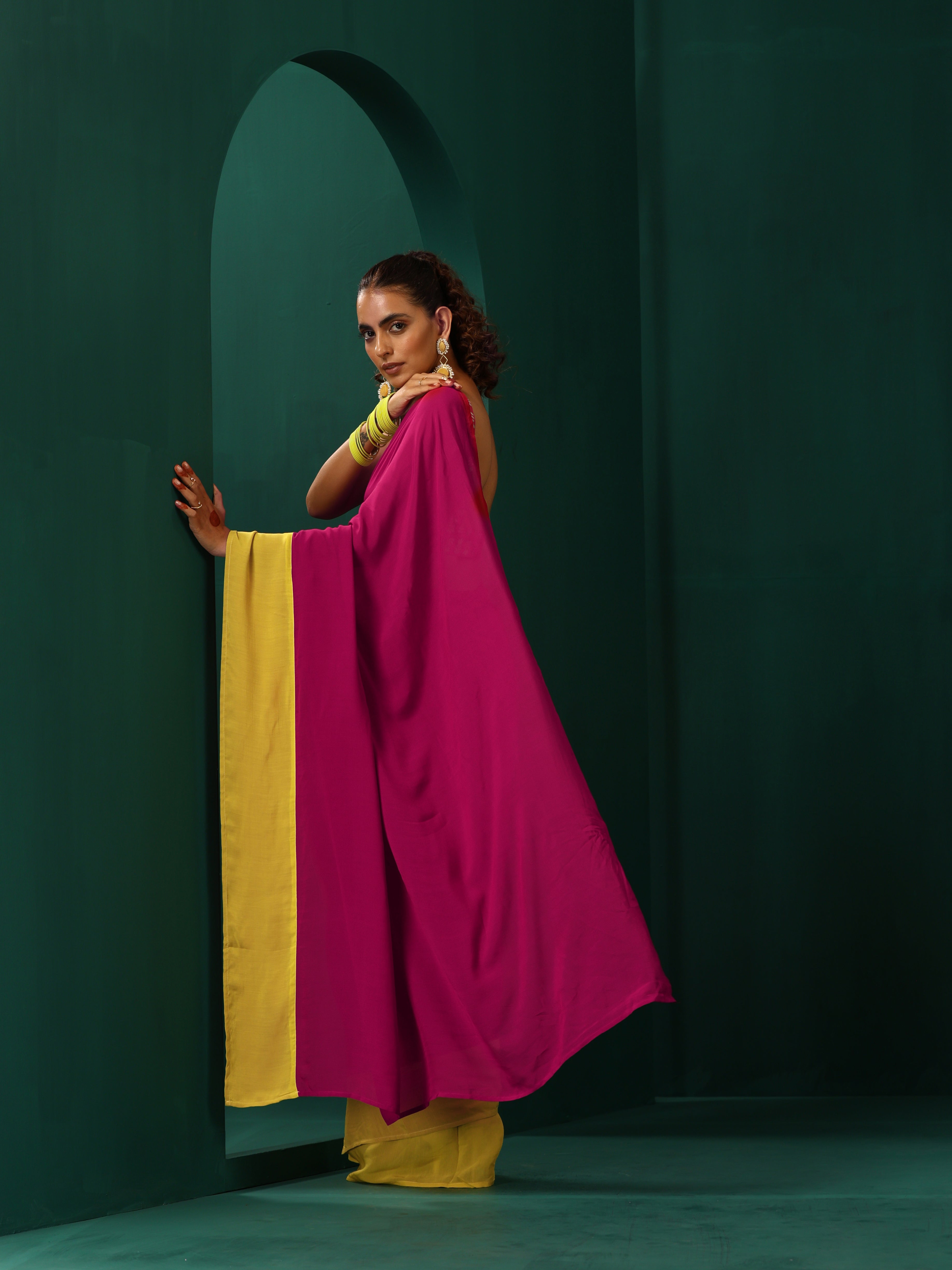 trueBrowns Lime Yellow Pink Muslin Silk Ready to Wear Saree - Distacart