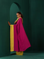 Thumbnail for trueBrowns Lime Yellow Pink Muslin Silk Ready to Wear Saree - Distacart