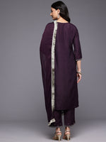 Thumbnail for Varanga Women Purple Thread Embroidered Sequins Embellished Straight Kurta Paired With Bottom And Dupatta - Distacart