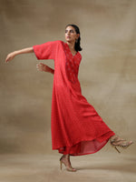 Thumbnail for trueBrowns Red Bandhani Printed Silk Long Kurta Pant Set - Distacart